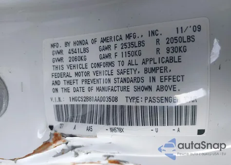 2010 Honda Accord 3.5 Ex-L z USA, uszkodzony, nr VIN 1HGCS2B81AA003508